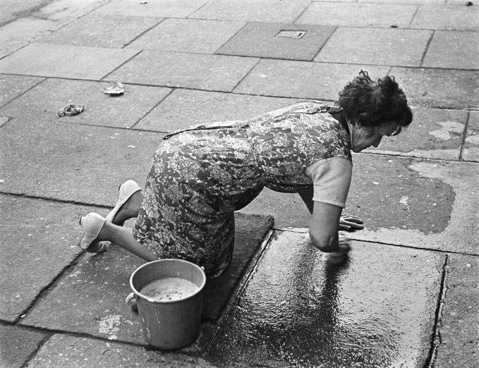 Cleaning the pavement outside my house Liverpool 8 1969 